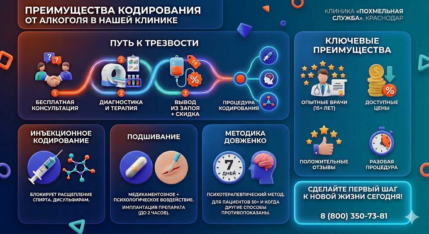 Инфографика о методах кодирования от алкоголя в Баранчинском: инъекции, подшивание, метод Довженко. Преимущества клиники и этапы лечения.