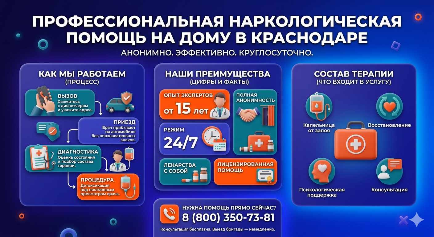 Инфографика о принципах лечения алкоголизма на дому в Баранчинском: этапы вызова нарколога, преимущества анонимной детоксикации и состав медицинской помощи.